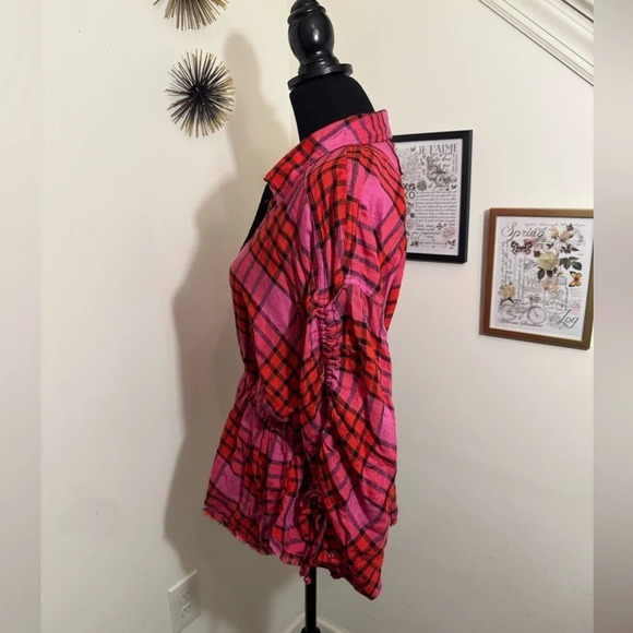 Free People Pacific Dawn Red Pink Plaid Shirred Shirt Top. Size Medium. - Picture 5 of 15